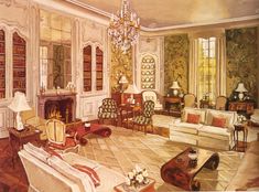 a painting of a living room with couches, chairs and a chandelier