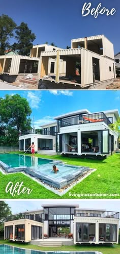 the before and after pictures of a house that has been built with shipping containers on it