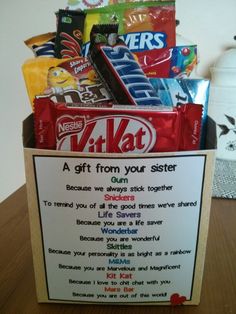 a gift from your sister is in the form of a box with candy bars on it