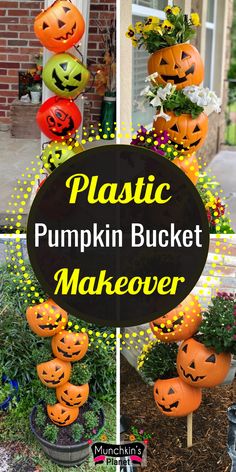 Plastic Pumpkins Bucket Makeover DIY - Halloween Porch Decor Pumpkin Bucket Crafts Diy, Planter Halloween Decor, Plastic Pumpkin Stack, Pumpkin Bucket Planter, Outside Pumpkin Decorating Ideas, Diy Pumpkin Bucket Decor, Plastic Halloween Bucket Ideas, Dollar Store Pumpkin Makeover, Plastic Pumkin Decoration Ideas Easy