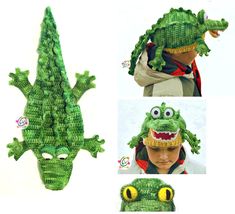 there is a green crocheted alligator hat with eyes