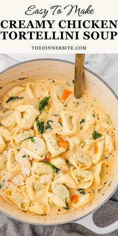 creamy chicken tortellini soup in a pan with a spoon