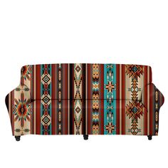 a couch with an abstract design on it's back and sides, sitting in front of a white background