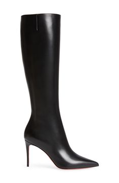 A streamlined design puts the focus on the sharp pointy-toe silhouette, supple leather and Louboutin-red sole of this ultra-versatile tall boot. 3 1/4" (85mm) heel; (size 38.5) 16" shaft; 11 1/2" calf circumference. Narrow calf Side zip closure Wipe with a soft, dry cloth and store in a dust bag Please note the red lacquer on soles will wear off as a result of normal use. To minimize the effect, avoid wearing in wet weather or on abrasive surfaces Leather upper, lining and sole Made in Italy Wom Christian Louboutin Kate, Louboutin So Kate, Leather Knee Boots, Christian Louboutin So Kate, Red Louboutin, Patent Leather Boots, So Kate, Red Lacquer, Christian Louboutin Women