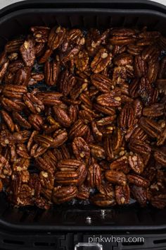 pecans in an air fryer with text overlay