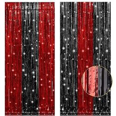 two red and black curtains with white lights