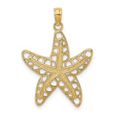 14k Yellow Gold Cut-Out Starfish Necklace Charm Pendant Fine Jewelry Pendants And Charms, Themed Charms, Fish And Sea Life, Fish, Starfish 14k, Polished, Length: 26 Mm, Charm Length: 21.2 Mm, Charm Thickness: 2.4 Mm, Charm Width: 19.45 Mm, Casted, Gold, Width: 19.45 Mm, Themed, Textured, Bail Width: 4.5 Mm, Yellow, Bail Length: 5 Mm 14k Gold Starfish-shaped Jewelry, 14k Yellow Gold Starfish Jewelry, Yellow Gold Starfish Jewelry In Ocean-inspired Style, Yellow Gold Starfish Ocean-inspired Jewelry, Ocean-inspired Starfish Yellow Gold Jewelry, Starfish Pendant, Starfish Necklace, Rose Jewelry, Gold Texture