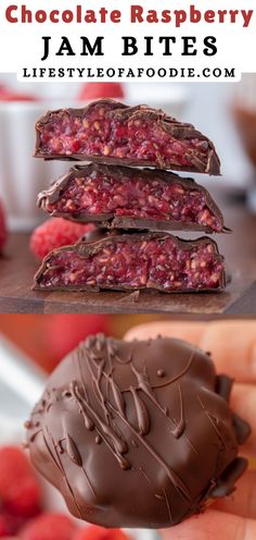 chocolate raspberry jam bites are stacked on top of each other and ready to be eaten