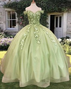 Sage Green Ball Gown For Quince Sage Green Ball Gown, Quince Green, Green Quince Dress, Aramex Delivery, Dress With 3d Flowers, Green Quinceanera Dresses, Debut Gowns, Green Ball Gown, Debut Dresses