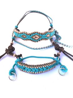 three bracelets with different colors and designs on them, one is blue and the other has