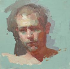 an oil painting of a man's face on a blue background