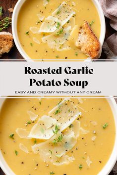 two bowls of roasted garlic potato soup with bread