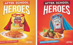 two boxes of heinz's hero foods are shown in this image, and the same one is half eaten