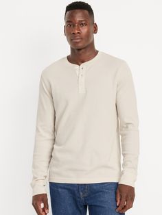 crew neck long sleeves three-button henley placket online exclusive relaxed fit hits below waistmachine wash according to the care instruction label  . Best Holiday gift for Men , perfect T Shirts for Christmas! Old Navy Men, Henley T Shirt, Mens Thermals, Big And Tall, Toddler Boys, Old Navy, Relaxed Fit, Crew Neck, Top Outfits