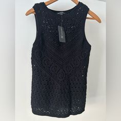 New With Tag Black Crochet Top With Attached Inside Liner/Tank Top Inc Size M Black Sleeveless Knit Top For Summer, Sleeveless Black Knit Top For Summer, Fitted Sleeveless Crochet Top, Black Sleeveless Crochet Top For Spring, Black Sleeveless Crochet Top For Beach, Black Sleeveless Crochet Top Casual, Black Sleeveless Casual Crochet Top, Black Casual Sleeveless Crochet Top, Black Sleeveless Crochet Top