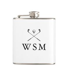 a flask with the word wsm on it and crossed golf clubs in black ink