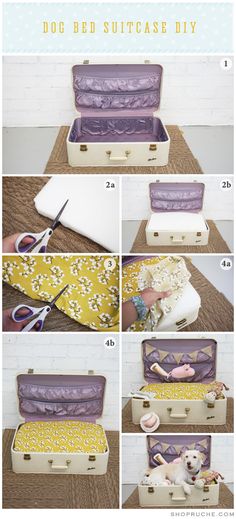 the instructions for how to make a dog bed suitcase diy