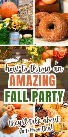 there are many different pictures with pumpkins and other things to eat on the table