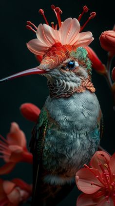 a hummingbird sitting on top of a pink flower next to red and white flowers