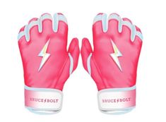 a pink and white baseball glove with lightning bolt on the front, two fingers are shown