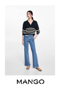 Straight design, Shirt-style V-neck collar, Long design, Long sleeve, Unclosed, Back to class, Striped design Teen Sweater, Striped Knit Sweater, Striped Knit, Color Azul, Dark Navy, Stripe Sweater, Bleu Marine, Knit Sweater, Sweater Cardigan