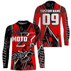 a red and black motorcycle jersey with the number 99 on it's chest, featuring an image of a motorbike