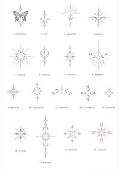 the different types of snowflakes are shown in black and white, with pink accents