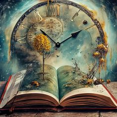 an open book sitting on top of a wooden table with a clock in the middle