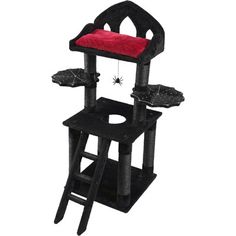 a black and red cat tree house with stairs