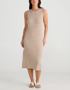 brave-true-squad-midi-dress-taupe-ecru-womens-clothing Neutral Vibes, Taupe Dress, Sweater Maxi Dress, Striped Sweater Dress, Tan Sandals, Straw Tote, Comfy Sweaters, Knit Midi, Knit Midi Dress