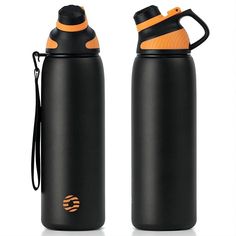 two black and orange water bottles sitting next to each other