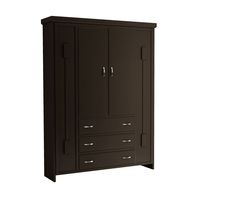 an armoire with two drawers and one door on the front, is shown in dark brown