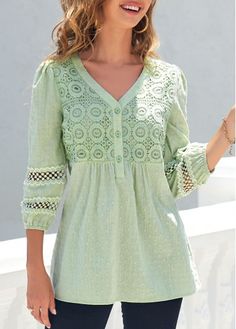 Size:S;Size:M;Size:L;Size:XL;Size:XXL;Color:Light Green;Washing Instructions:Hand Wash;Decoration:Lace Patchwork;Sleeve's Length:Three Quarters Sleeve;Pattern Type:Solid;Neckline:V Neck;Clothing's Length:Regular;Season:Spring;Color Scheme:Green;Occasion:Staycation;Package Contents:1 X T Shirt;Composition:100%Polyester;Style:Casual; Sleeveless Chiffon Dress, Trendy Tops For Women, Trend Fashion, Green Lace, Tie Dye Print, Trendy Tops, Fashion Tops, Eminem, Look Fashion