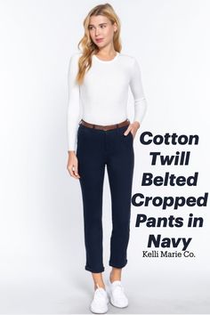 Cropped cotton twill pants with a cuff at the bottom of the pants leg and front side pockets. The pants come with a belt. Avaiable in multiple colors. Pants Color, Long Pants, Cropped Pants