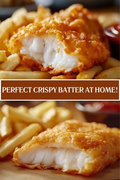 two pictures of fish and chips with the words perfect crispy batter at home