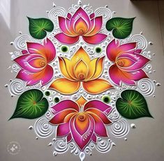 an artistic painting on the floor with flowers and leaves