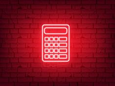 a red neon sign with a calculator on it in front of a brick wall