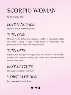 an advertisement for the scorpio woman by astronome, love language, physical touch and quality time