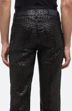 A jacquard-woven 'bubble pack' texture delivers first-class style to these silk-enriched straight-leg pants dispatched down the runway during Peter Do's revival of Helmut Lang. Zip fly with button closure Front scoop pockets; back patch pockets 38% polyamide, 36% polyester, 26% silk Dry clean Imported Designer Clothing Designer Fitted Bottoms With Belt Loops, Designer Black Straight Leg Pants, Designer Fitted Straight Bottoms, Designer Black Bottoms For Party, Designer Black Party Bottoms, Luxury Black Tapered Leg Pants, Designer Fitted Straight Pants, Luxury Black Leather Pants, Bubble Pack