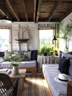 a living room filled with lots of furniture and plants on top of it's windows