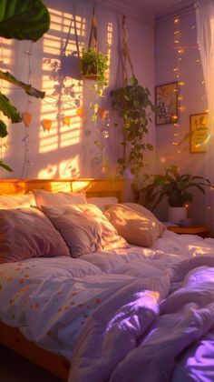 a bed sitting in a bedroom next to a window with plants on the windowsill