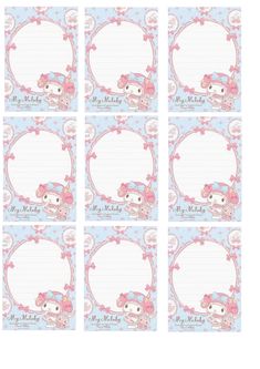 hello kitty baby shower gift tags with pink bows and polka dots on blue background, set of 6