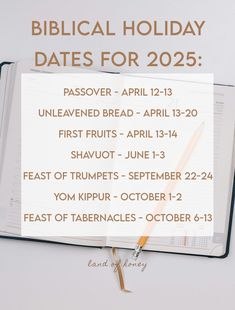 an open bible with the words biblical holiday dates for 202