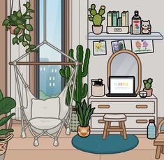 a living room filled with lots of plants next to a desk and chair in front of a window