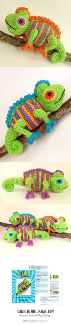 crocheted chamela the chamelon lizard is shown in three different views