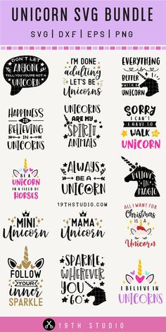 unicorn svg bundle with unicorns and unicorn silhouettes in different font styles, including unicorn