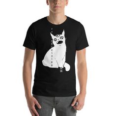 My original illustration of a black cat with a third eye. This lightweight graphic t-shirt is soft and just the right amount of stretch. It's flattering and comfortable for both men and women. 100% combed and ring-spun cotton Fabric weight: 4.2 oz (142 g/m2) Shoulder-to-shoulder taping Side-seamed No Sweatshops & Eco-Friendly The Male model is wearing a size M. He's 6.2 feet (190 cm) tall, chest circumference 37.7" (96 cm), waist circumference 33.4" (85 cm). The female model is wearing a size M. Black Cat Print T-shirt For Streetwear, Black Cotton T-shirt With Wolf Design, A Black Cat, Alternative Clothing, Original Illustration, Unisex Shorts, White Cat, Third Eye, Male Models