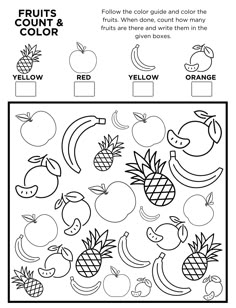 the fruit count and color worksheet for kids to learn how to draw fruits