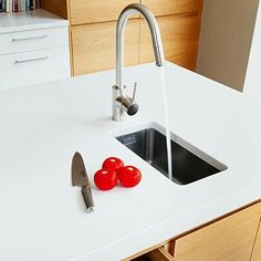 a kitchen sink with two tomatoes and a knife on the counter top next to it