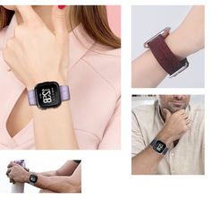 "Size small for 5.5\" - 7.5\" wrist circumference, size large for 7.0\" - 9.0\" wrist. Perfect Fit: Suitable for Versa / Versa 2 / Versa Lite Edition smart watch. Freely adjustable stainless steel buckle holds Versa sturdily. The Versa Bands Prevent skin from irritation; soft, breathable and more comfortable than silicone and leather watch bands. High-quality Materials ensures the life, reliability and robustness of the wristband. Unique Fashionable Styles: Versa Bands comes with decent look and Fitbit Bands, Leather Watch Bands, Fitness Tracker, Leather Band, Fitbit, Watch Bands, Leather Watch, Smart Watch, Woven Fabric